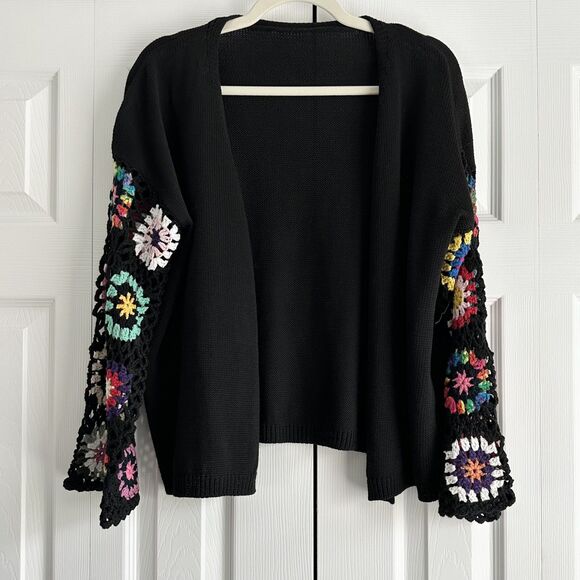 Black Open Front Cardigan Medium Crochet Colorful Granny Square Sleeve Boho - Picture 2 of 13